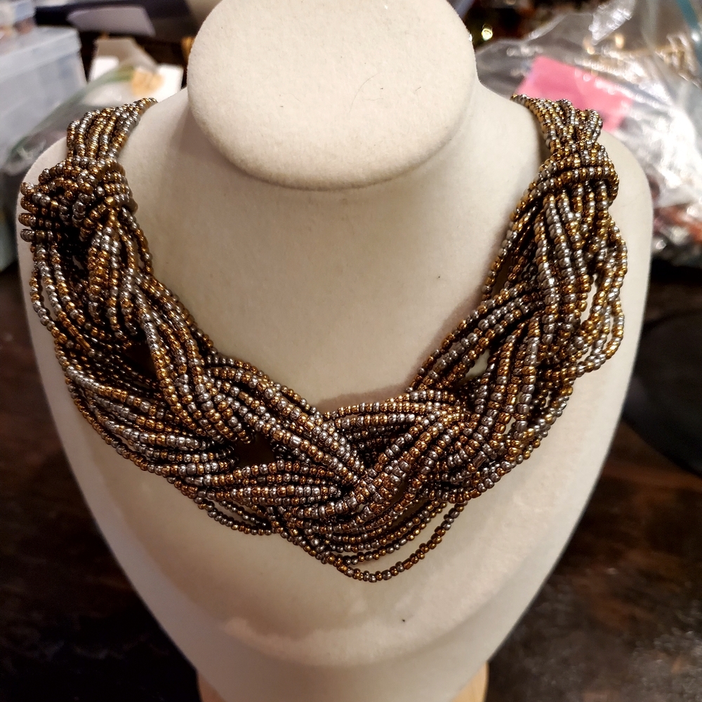 Gold and gunmetal bead necklace and earrings